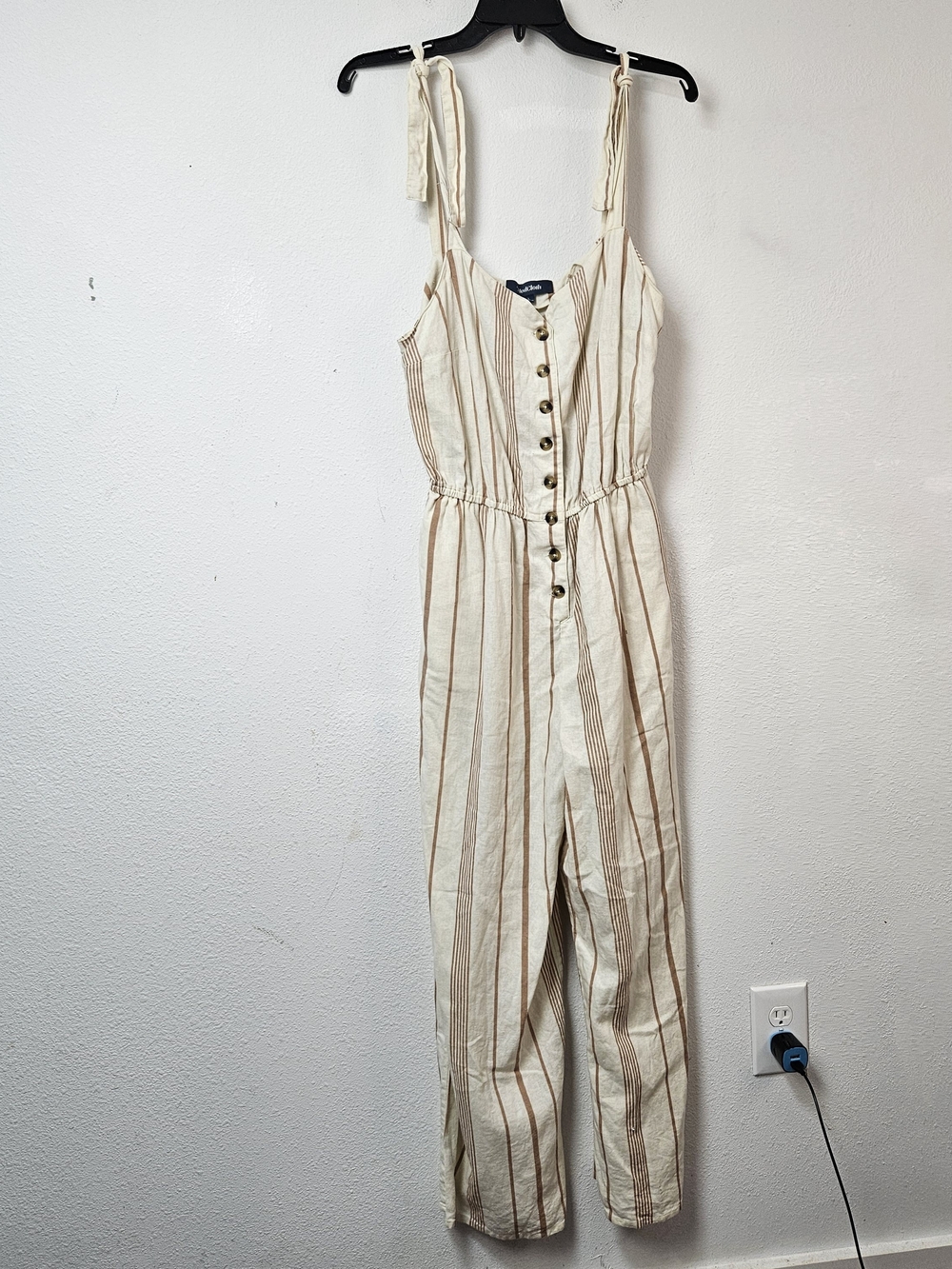 Modcloth Linen Blend Striped Cream Tie-Shoulder Jumpsuit Size Large Pockets